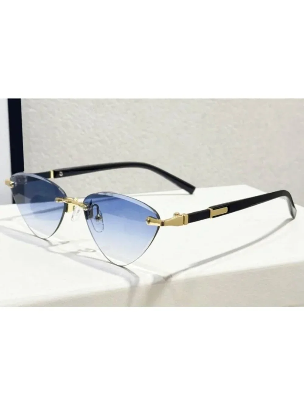 Cat Eye Retro Triangle Faded Blue Lenses Sunglasses Gold & Black Arms